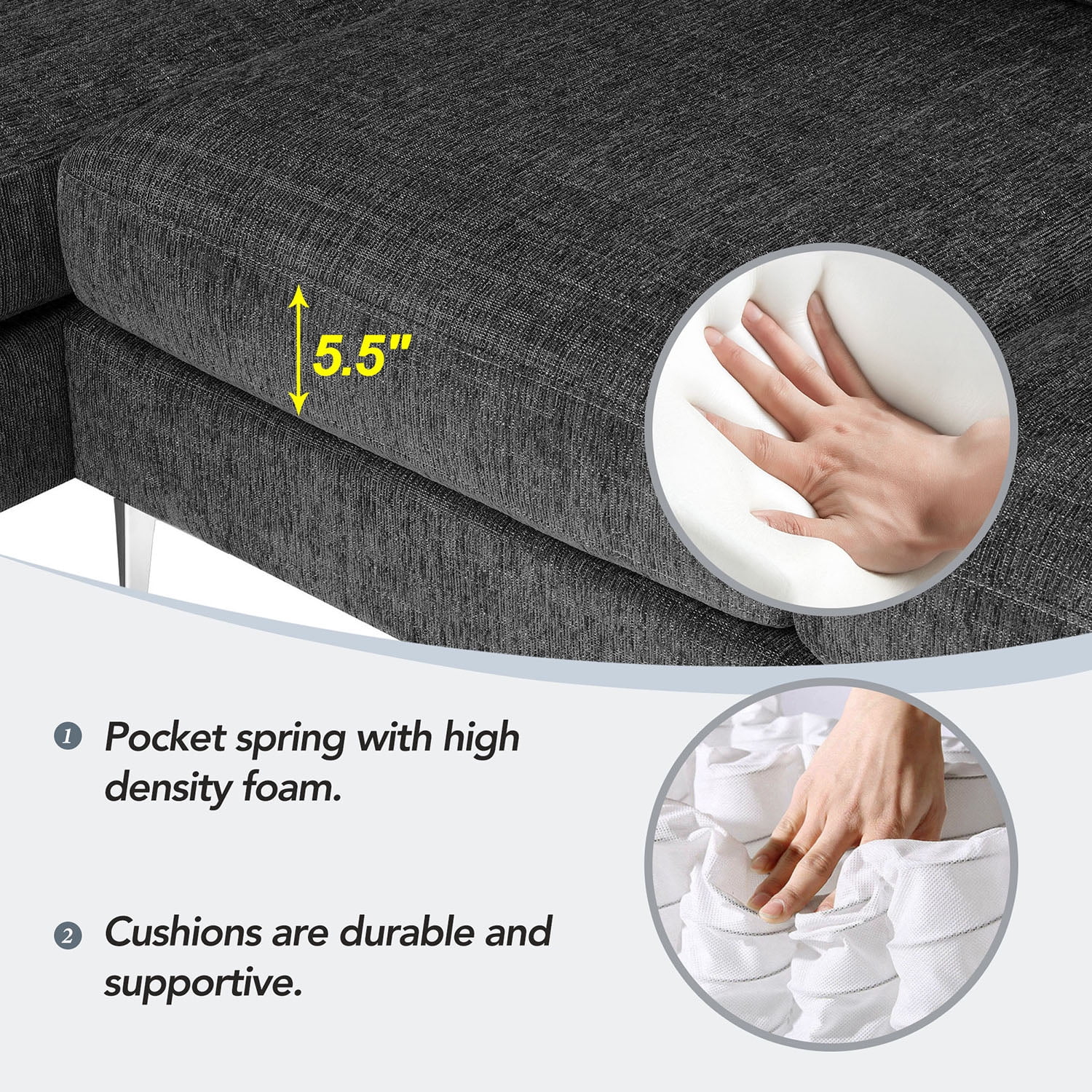 Kadyn 86" Convertible Sectional Sofa, Modern Chenille Fabric Sofa with Reversible Chaise and 2 Pillows, L-Shaped 3-Seat Sofa for Apartment, Dark Grey