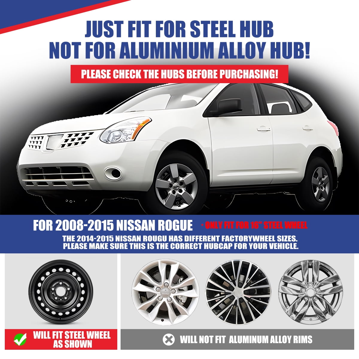 1 Pc 16" Hubcap for 2010-2015 Nissan Rogue/Rogue Select,Wheel Rim Cover Replacement with Decoration Nuts,Compatible with Steel Wheels,Snap on Car Truck SUV Hubcap,PP,Lacquer