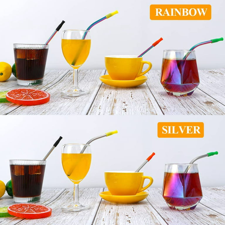 16 Short Metal Straws, 6mm 5.5 inch 6.5 inch Kids Reusable Straws+Silicone  Tips+Cleaner, Mini Small Stainless Steel Straws Fit 8 10 12 oz Tumbler/Wine  Tumblers, Reusable Cocktail Straws(Rainbow) 
