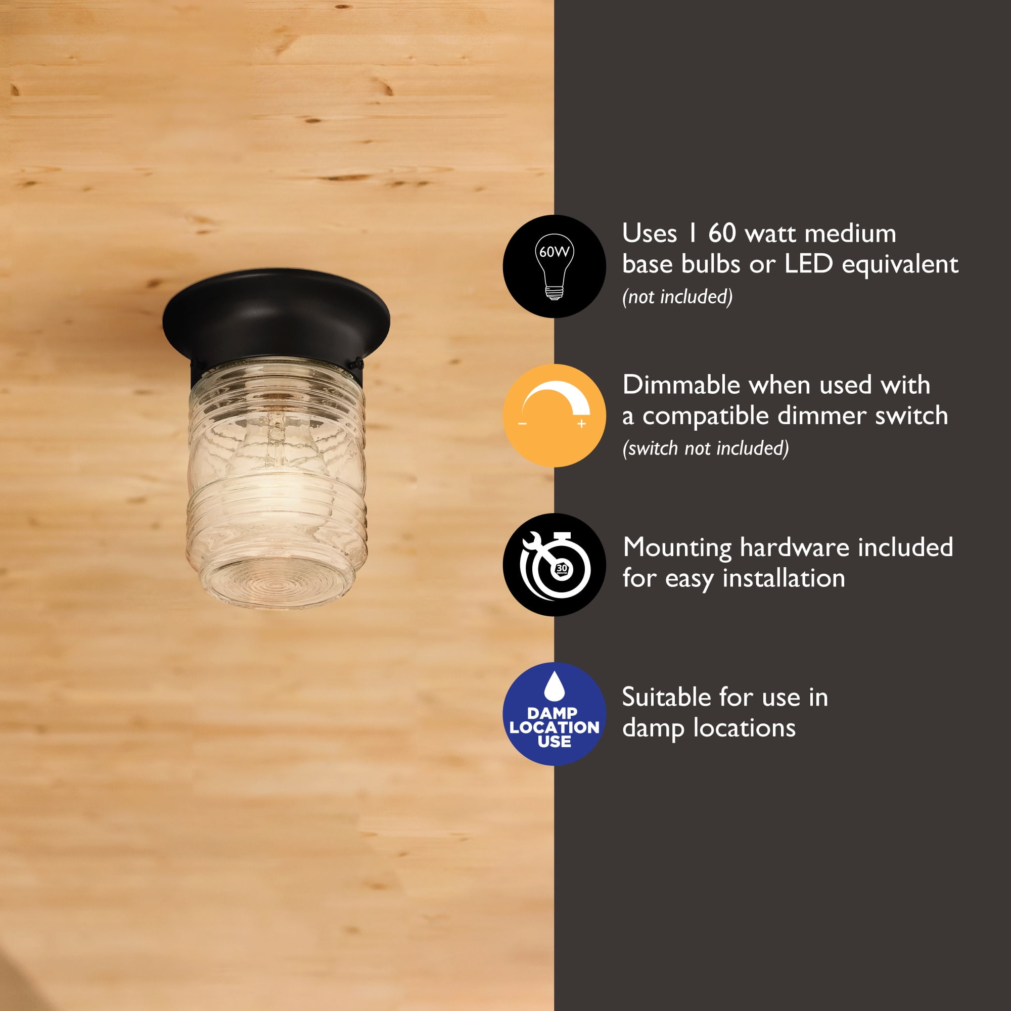 Design House Jelly Jar Indoor Outdoor Flush Mount Ceiling Light in Matte Black, 5.9 in H x 4.8 in Dia