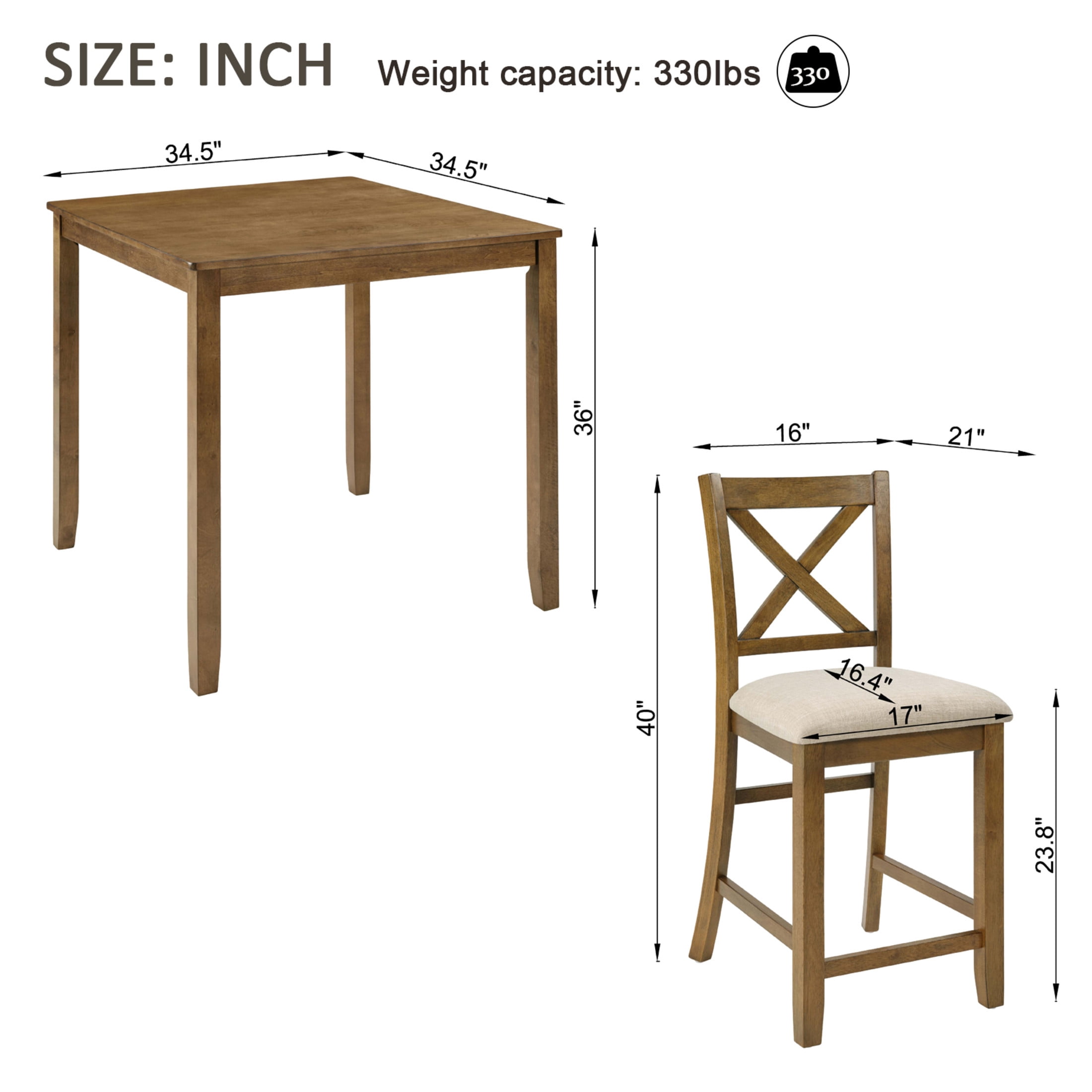 Noble House 5-Piece Counter Height Dining Set, Square Wooden Table with X-Back Chairs for Small Spaces, Natural Oak