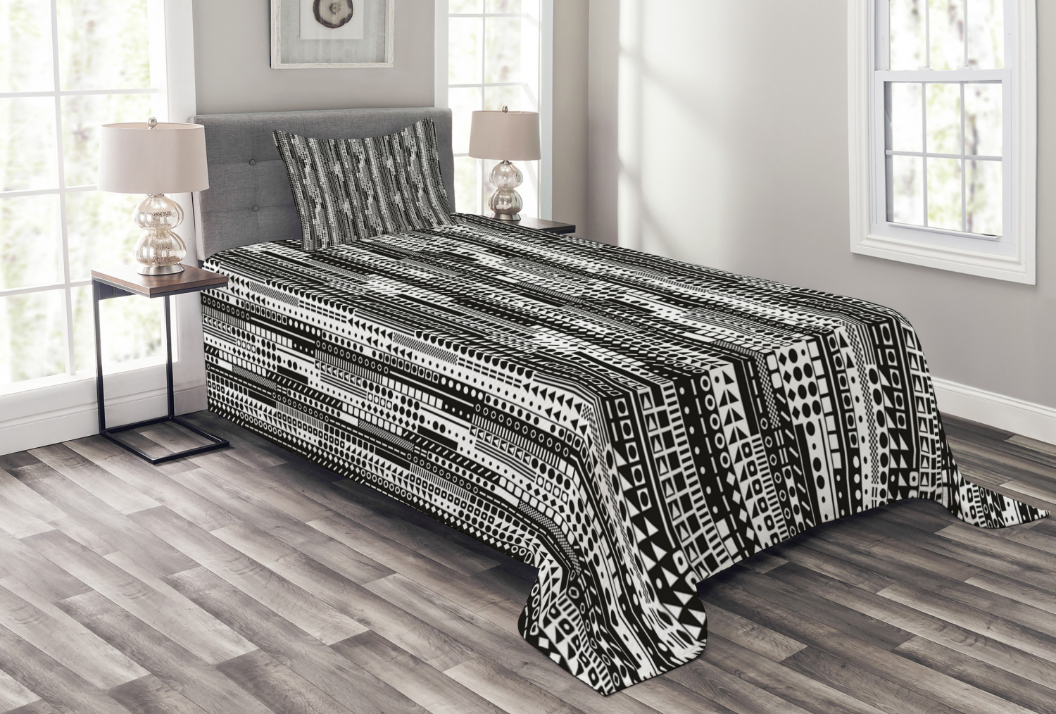 Black and White Bedspread Set Twin Size, Modern Geometric Square