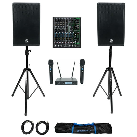 (2) Rockville DX15 15" Powered DJ PA Speakers   Mackie Mixer   (2) Wireless Mics