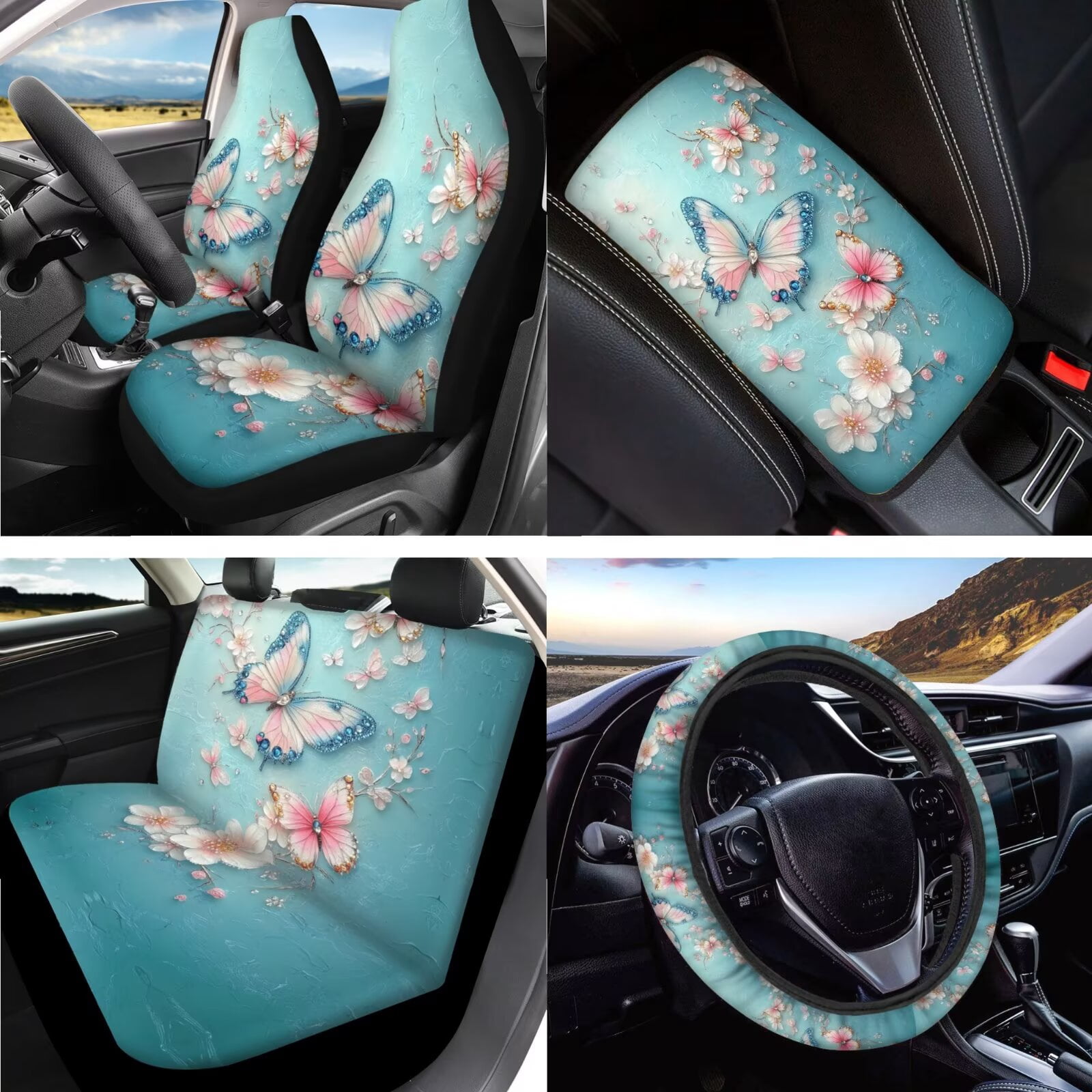 LedBack Butterfly Floral Printed Car Seat Covers Full Set Steering Wheel Covers Car Seat Belt Pads Armrest Pad Covers Car Mirror Accessories for Women Men, 15 Pcs Car Accessories, Blue