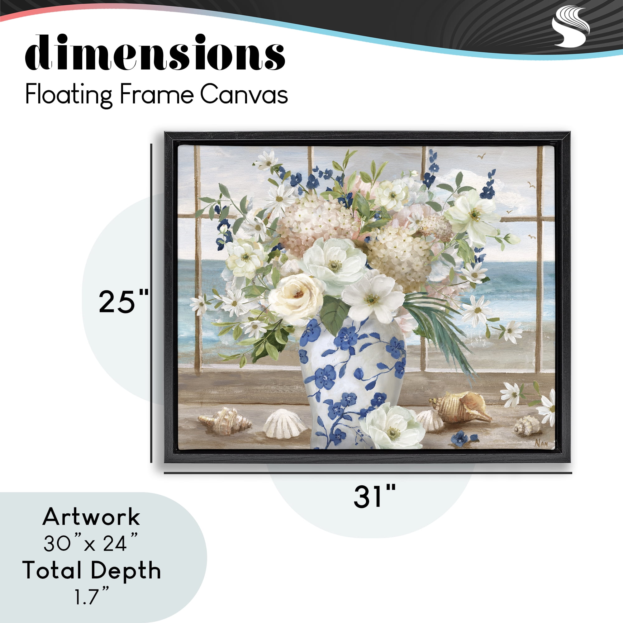 Stupell Industries Seashells & Flowers Windowsill Black Framed Floater Canvas Wall Art, design by Nan