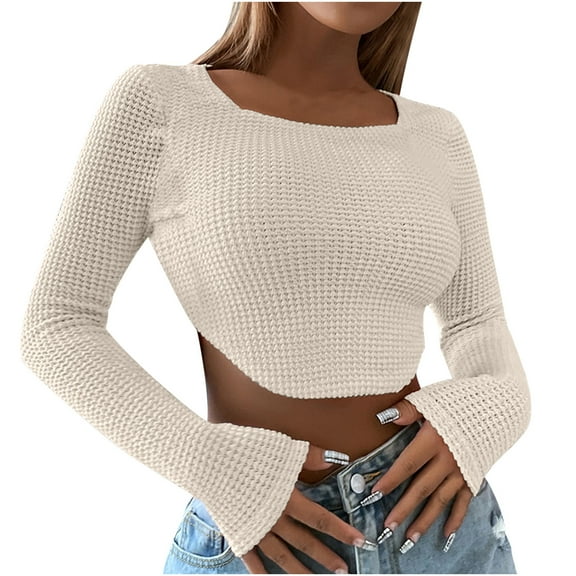 WREESH Womens Fashion Crop Tops Square-Neck Solid Color Knit Slim Long Sleeve Blouse Tops Beige