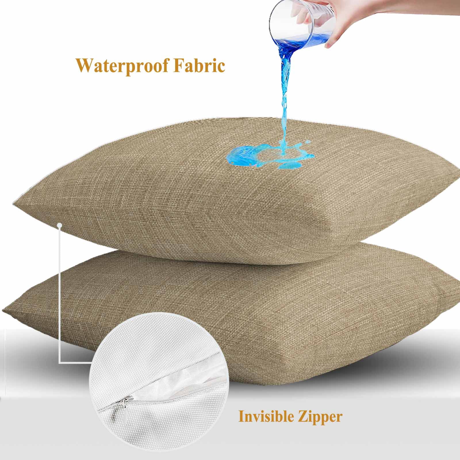 Beige Throw Pillow Covers 20x20 Inch Set of 2, Farmhouse Burlap Solid Brown Color Modern Linen Texture Waterproof Outdoor Pillow Covers, Decorative Cushion Pillowcases for Couch, Sofa, Bed, Patio