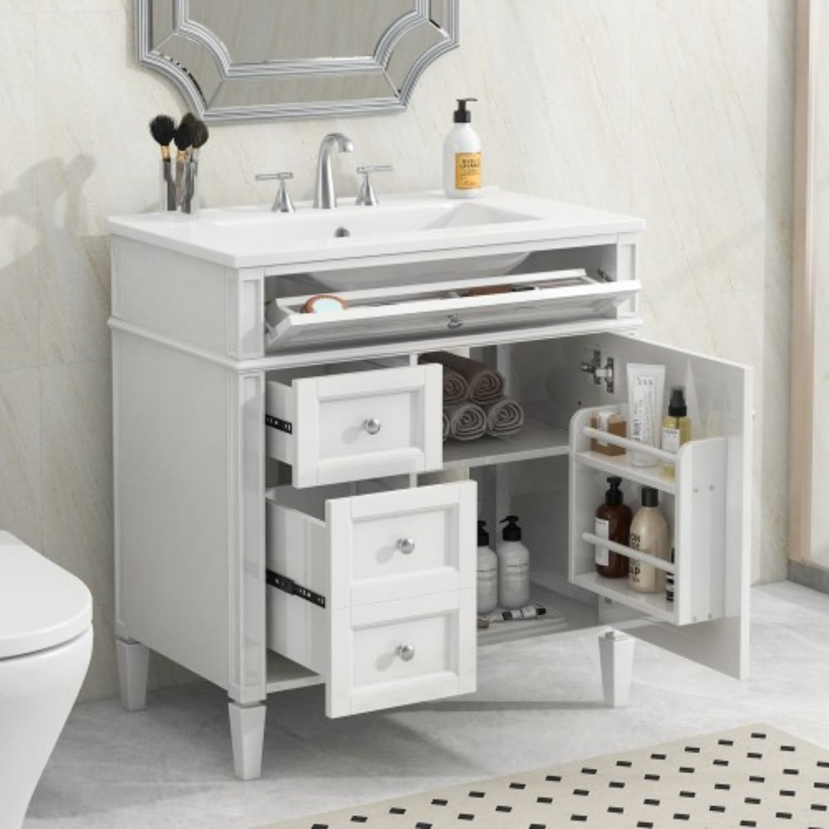 30" Bathroom Vanity with Sink, Modern Freestanding Bathroom Vanity Cabinet with Ceramic Sink, 3 Drawers & Tip-Out Drawer, Adjustable Shelf, White Storage Cabinet, White