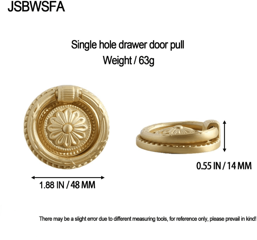 CATPAN Ring Drawer Knobs, Brass Retro Vintage Flower Pattern Brass Cabinet Knobs Dresser Cabinet Pull Ring Gold Cabinet Cupboard Knob for Dresser Drawers Single Hole Knob (2PCS)