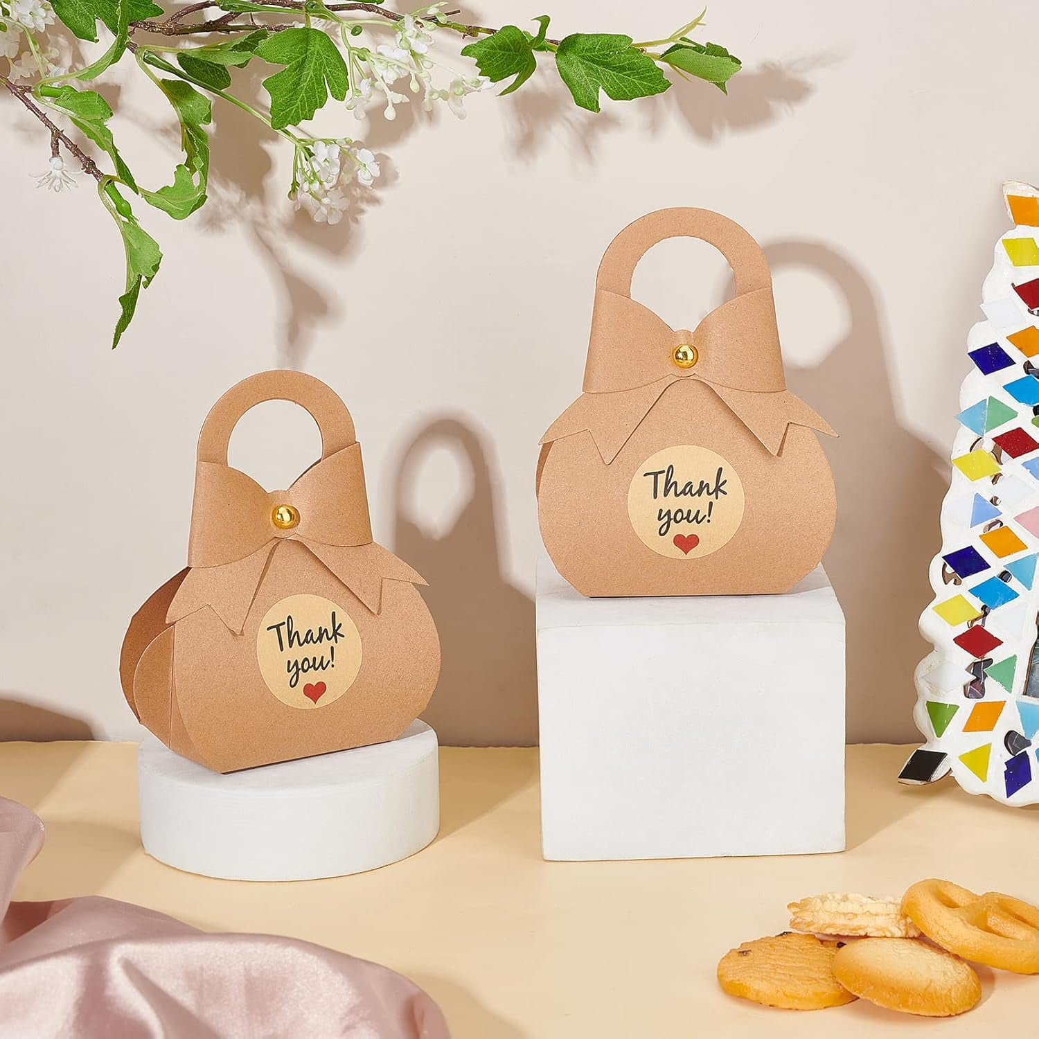 50 Packs Bowknot Favor Boxes Kraft Package Box Thank You Favor Boxes With Stickers Treat Paper Boxes for Wedding Birthday Bridal Shower Baptism 3.5x6.5x13cm /1.3x2.6x5.1 inch