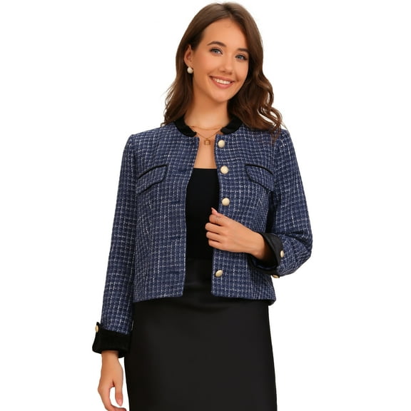 DARING DIVA Tweed Blazer Vintage Button Work Office Short Jacket XS Blue