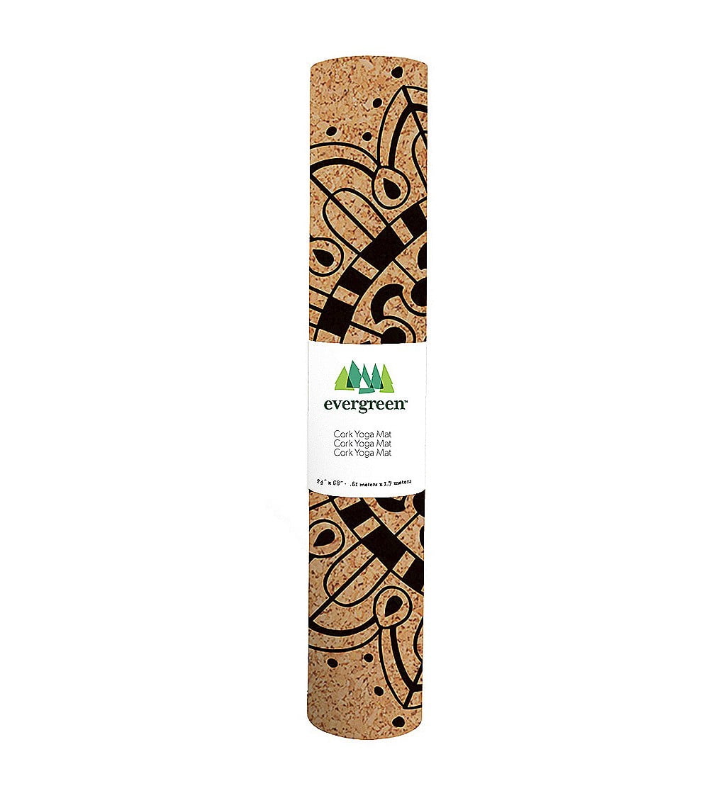 Evergreen Antimicrobial Cork Yoga Mat w/ PER backing, Namaste, Black, 4mm, 24" x 68", 24'' x 0.15'' x 68'' inches