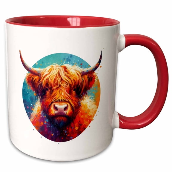 3drose, Watercolor Illustration of a Highland Cow, 15oz Two-tone Red Mug