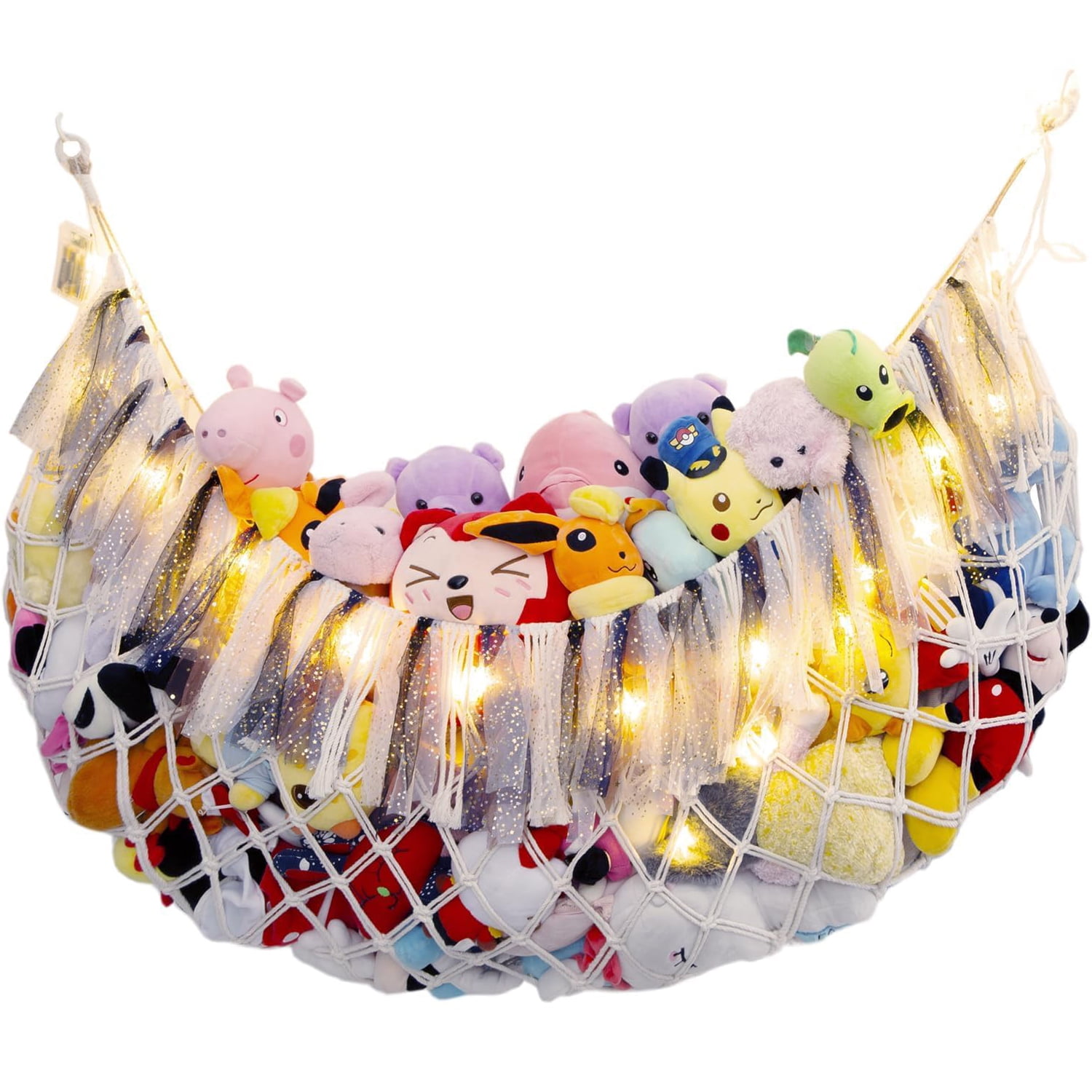 Large plush toy net or hammock for toy storage in children's rooms, bedrooms, and playrooms, with a lightweight wall-mounted storage organizer - Beige toy net