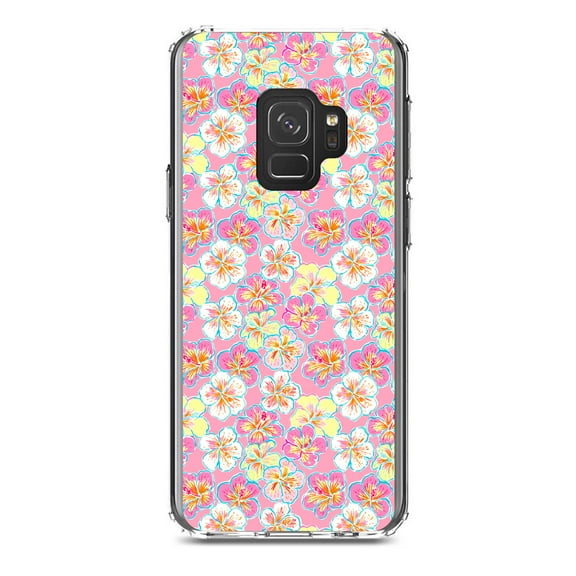 DistinctInk Clear Shockproof Hybrid Case for Samsung Galaxy S9 (5.8" Screen) - TPU Bumper, Acrylic Back, Tempered Glass Screen Protector - Preppy Pattern - Yellow White Pink Flowers Floral