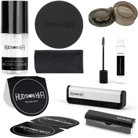 Hudson Hi-Fi 9-in-1 Vinyl Record Cleaning Kit Record Mitts Anti-Static Microfiber Cloth Velvet & Carbon-Fiber Brushes Label Protector Gel Stylus Cleaner