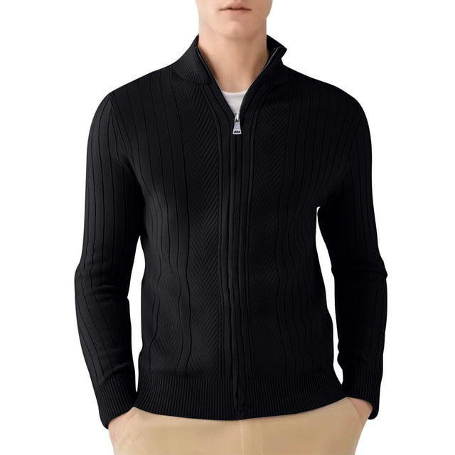 ShomPort Cardigans for Mens Cable Knitted Stand Collared Full Zipper Long Sleeve Ribbed Cuff Sweater Solid Color Warm Outwear