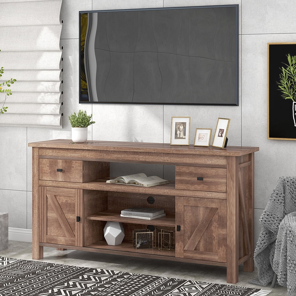 Resenkos Functional Particleboard TV Stand with Two Drawers and Open Style Shelves Sliding Doors and Adjustable Shelf, Barnwood Resenkos Functional Particleboard TV Stand with Two Drawers and Open Style Shelves Sliding Doors and Adjustable Shelf, Barnwood