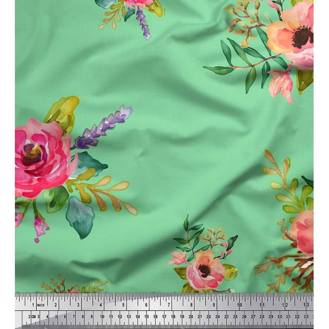 Soimoi Poly Georgette Fabric Leaves & Anemone Flower Print Sewing Fabric Yard 42 Inch Wide