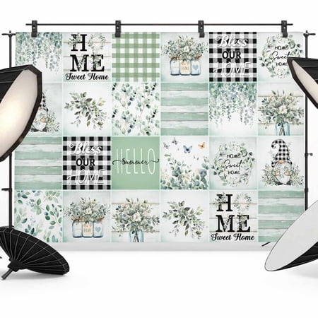 Photo Backdrop 5x7 ft Eucalyptus Leaves Gnome Photography Backdrops Curtains Wall Covering Home Green Plaid Photo Booth Drapes for Backdrop Photoshoot Wedding Party Birthday Background Screen