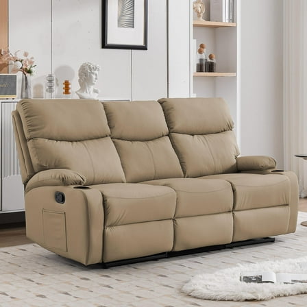 Light Khaki Manual Leather 3-Seater Recliner Sofa, Triple Reclining Couch with Side Pockets for Living Room, Home Theater, Family Gatherings