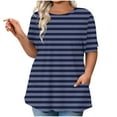 thumbnail image 2 of Hfnxid Plus Size Top for Womens Striped Crew Neck Short Sleeve Shirt Solid Color Loose Fit Tops Summer Casual Vacatin Tee ShirtsDark BlueXXXXL, 2 of 6