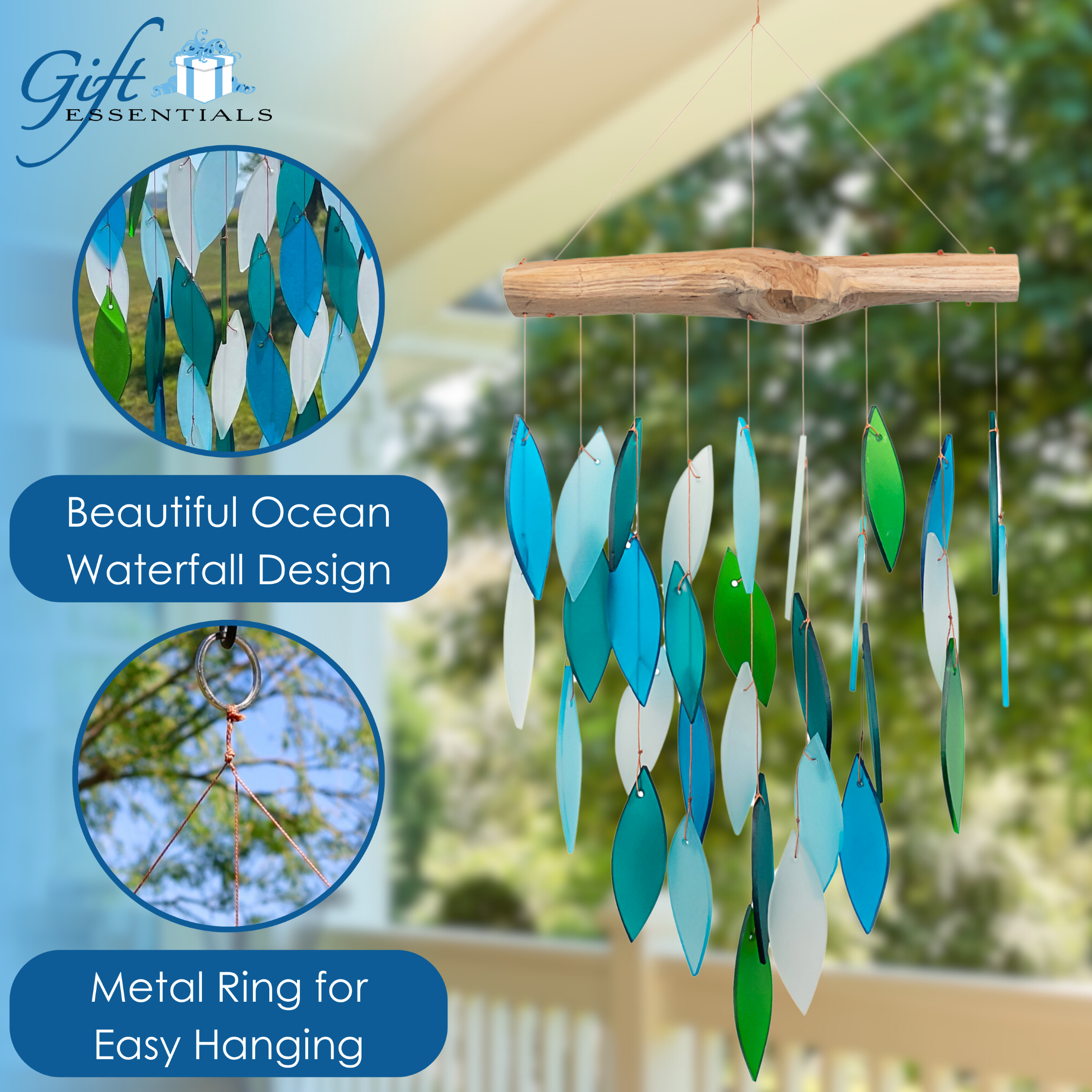Blue Handworks Glass Wind Chime Ocean Waterfall Suncatcher Outdoor Decor