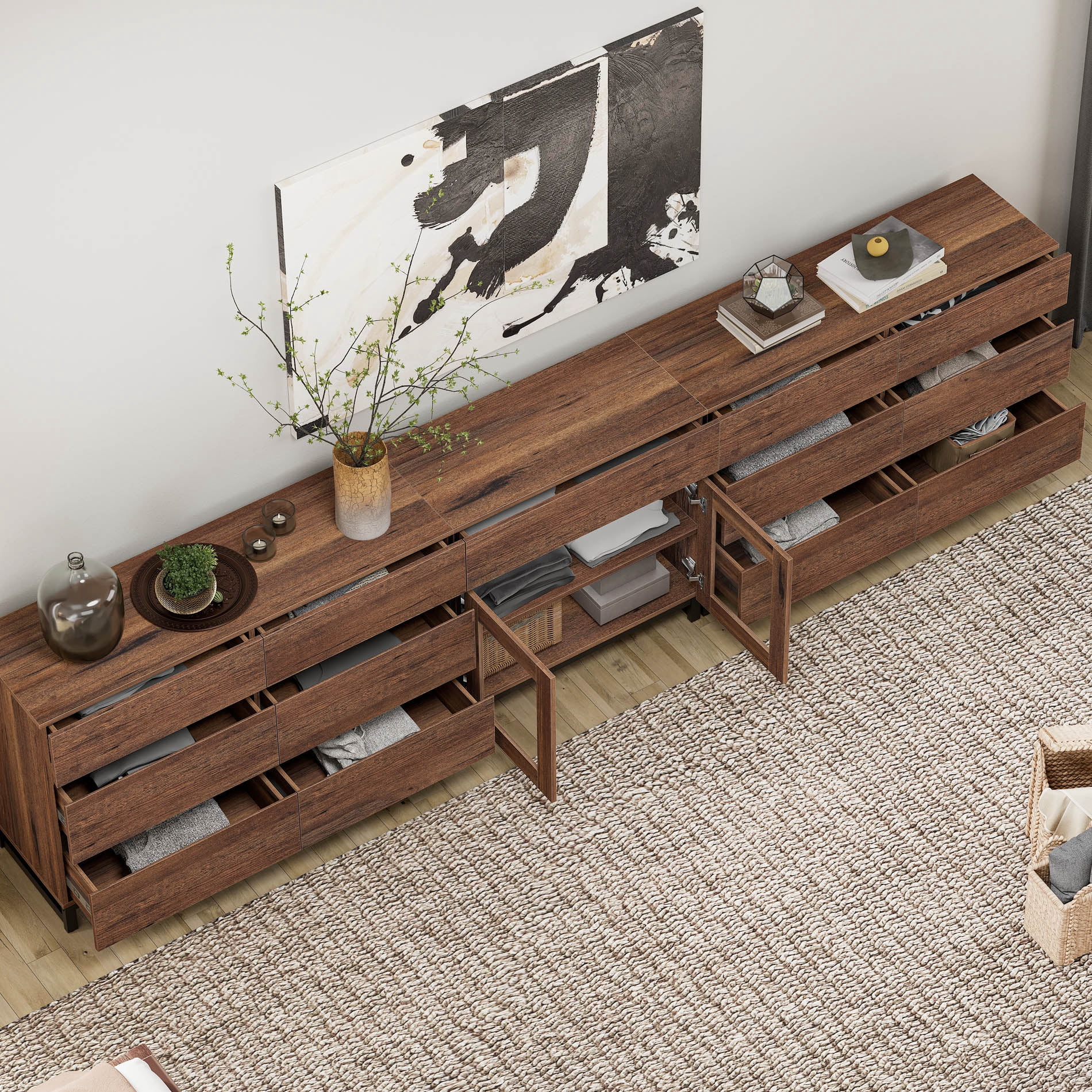 3 In 1 Multifunctional Chest of Drawers, Glass Door Dresser with 13 Drawers and Adjustable Shelves, Home Storage Cabinet Organizer for Bedroom,Brown