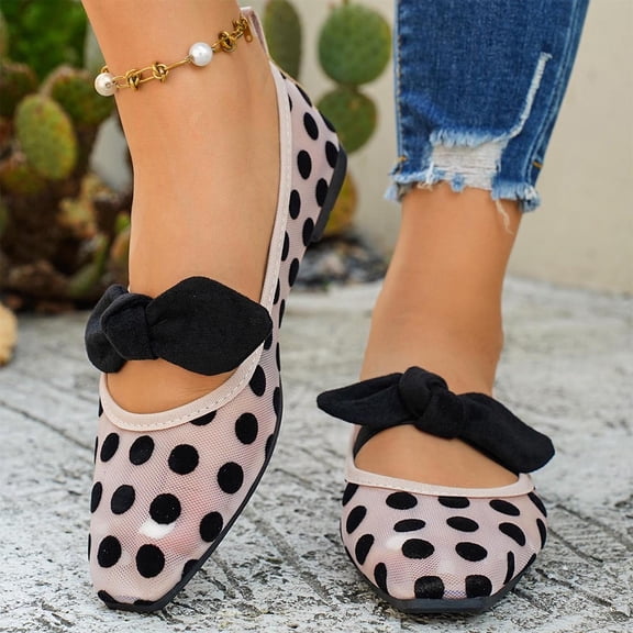 Hurxie Women's Polka Dots Mesh Ballet Flats Bowknot Pointed Toe Ballerina Flats Closed Toe Comfortable Casual Work Shoes White 36