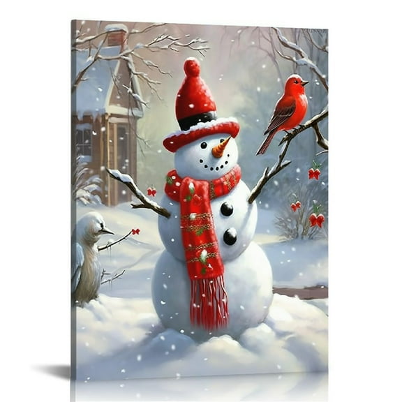 JRXY Snowman Wall Art Christmas Picture Winter Scene Snowman Canvas Print Stretched and Framed 16x20inch 12x16 in