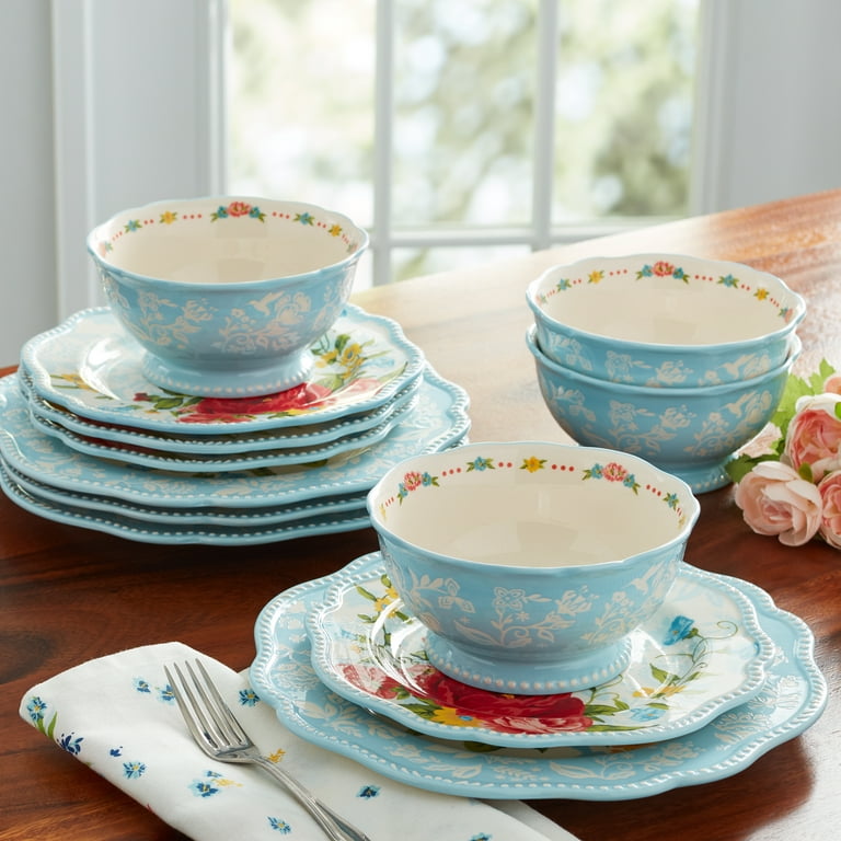 The Pioneer Woman Farmhouse Lace 12-Piece Dinnerware Set Teal Kitchenware  NEW