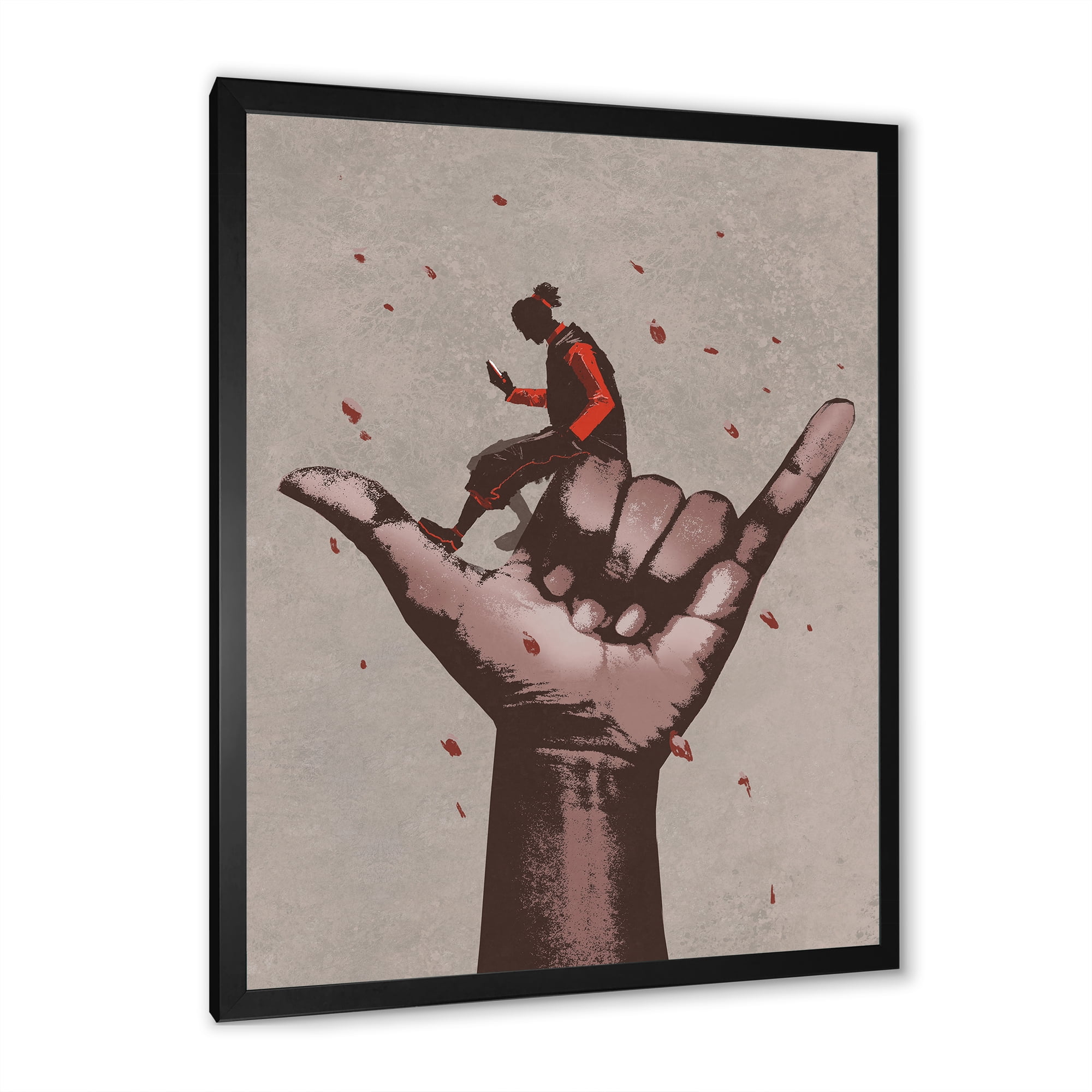 Designart 'Man Using Mobile Phone With Call Me Sign' Modern Framed Art Print