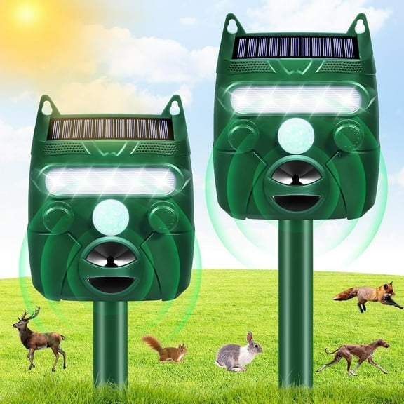 KingFurt 2-Pack Ultrasonic Outdoor Solar Animal Repeller with Motion Sensor and LED Strobe Light