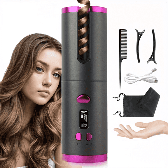 Automatic Hair Curler, Ceramic Rotating Wireless Curling Iron Wand, Portable USB Rechargeable Spin Curler for Women Hair Styling