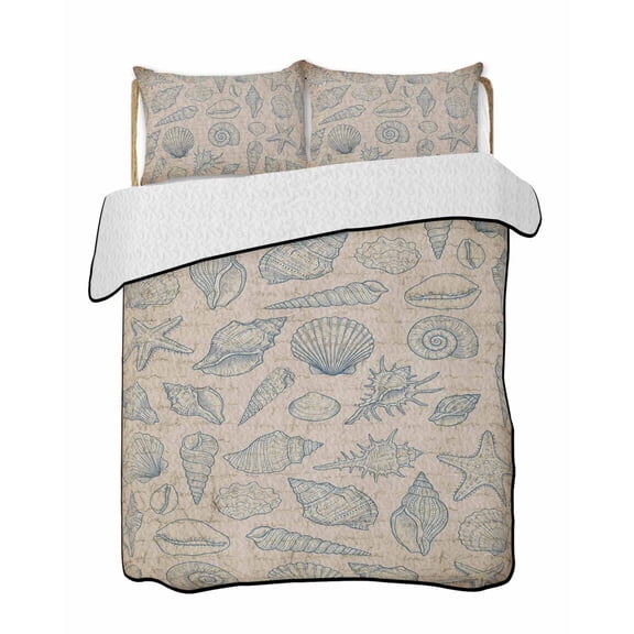 Quilts King Size Bedding Set, Blue Shell Coastal Lightweight Quilted Comforter, Nautical Seaside Ocean Vintage Art Soft Reversible Bedspread Coverlet with Pillow Covers for All Season, 96" x 106"