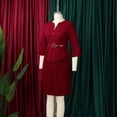thumbnail image 5 of AURA Plus Size Elegant Three Quarter Sleeve Pleated A Line Office Dress with Belt 2025 Summer High Waist Bodycon Midi Dress, 5 of 10