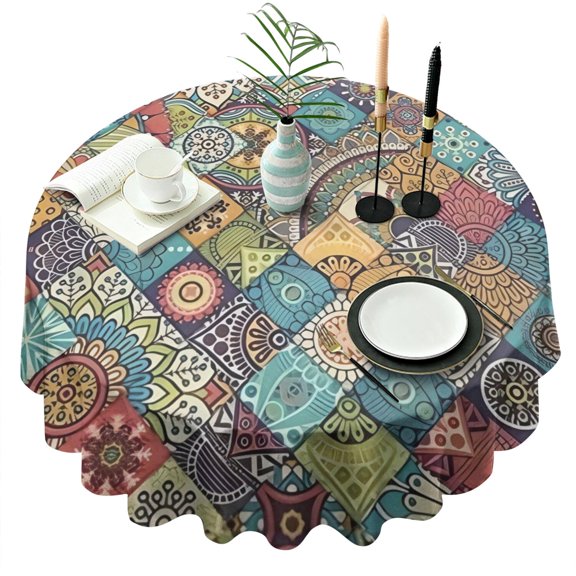 Round Waterproof Tablecloth 60×60 Inch, Boho Style Reusable Indoor/Outdoor Durable Table Cover for Party Kitchen Dinner Room Decor
