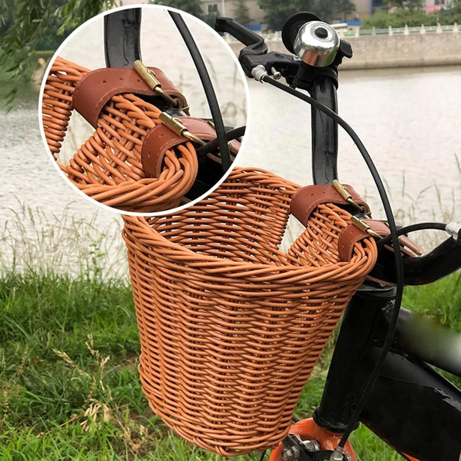 Kids Bike Front Basket Waterproof Plastic Woven Wicker for Boys and Girls Coffee 8.27x5.90x5.90inch
