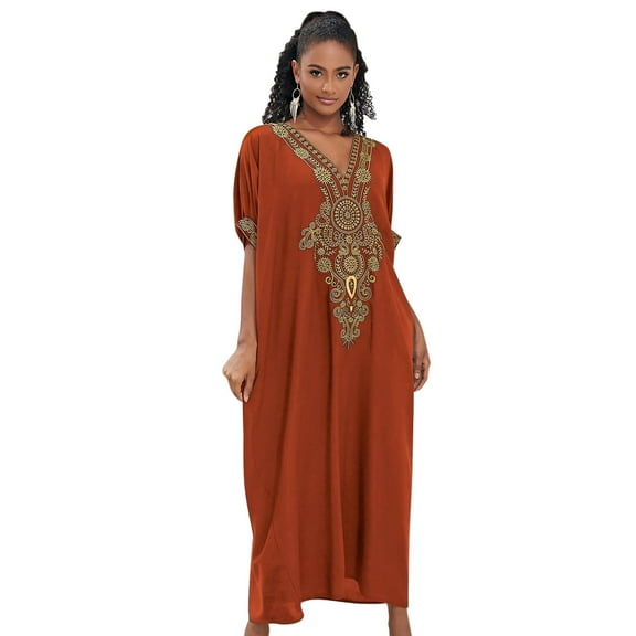 EDOLYNSA Kaftan Coverup for Women Embroidered Beach Dresses Plus Size Caftan Loungewear Turkish Robe Casual Beachwear Tunic