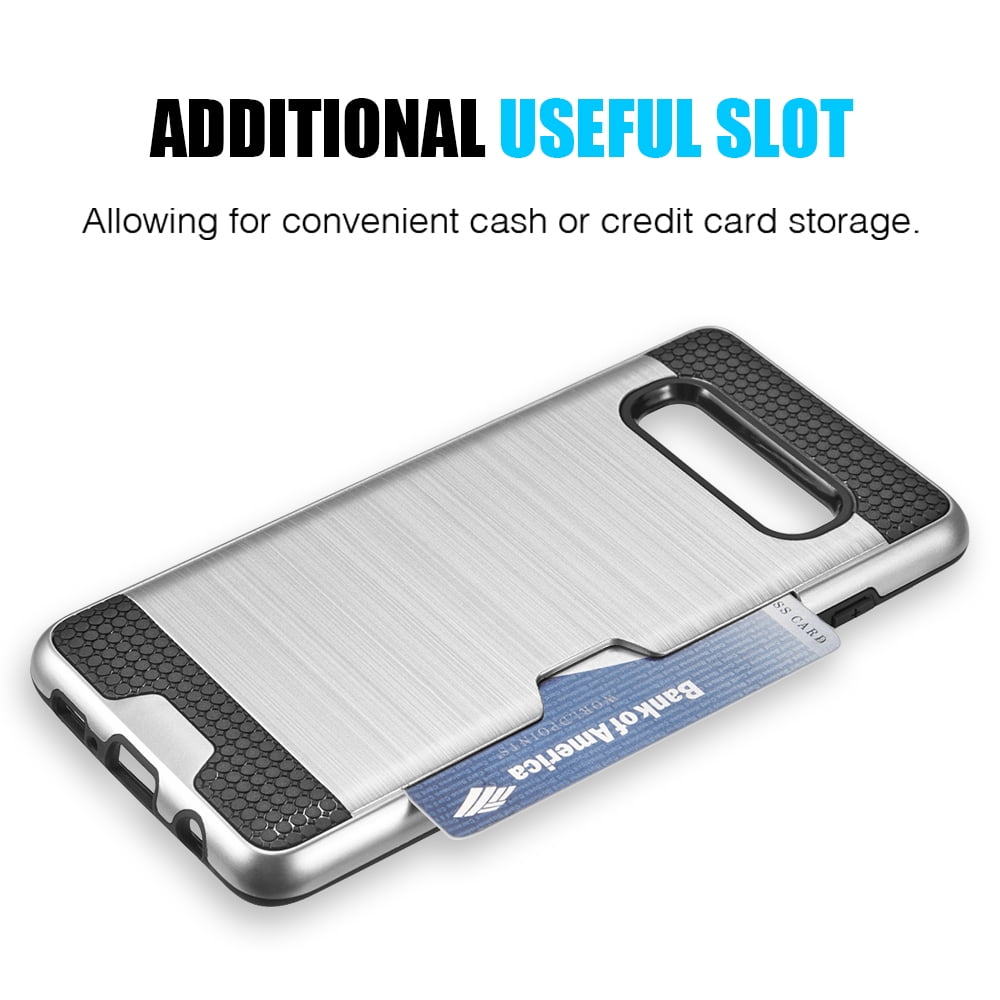 Luxury Dual Layer Hybrid Wallet Case for Galaxy S10 Plus (Silver) w/ Credit Card ID Slot Holder & Deluxe Stereo Hands-Free Headset -Ultra Lightweight, Button Covers, Shock Absorption, Raised Lip Guard