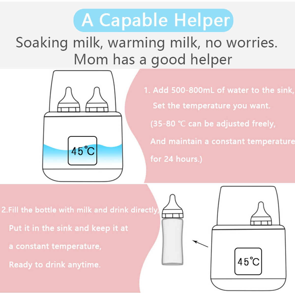 IFCOW Baby Bottle Warmer, Fits 4 Bottles, 8-in-1 Fast Milk Warmer with Timer Breastmilk or Formula, Accurate Temperature Control, with Defrost, Sterili-zing, Keep, Heat Baby Food Jars Function,Pink