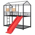 thumbnail image 5 of Twin Over Twin Low Bunk Bed for Kids, Twin Size Metal Bunk Beds with Integrated Ladder and Roof, House Bunk Bed Metal Housebed with Slide and Full-Length Guardrails, No Box Spring Needed, Black+Red, 5 of 7