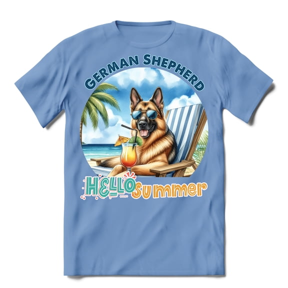 German Shepherd Hello Summer Beach Theme with Sunglasses and Tropical Cocktail Shirt T-shirt Unisex Merch Alsatian Dog Lover Gifts - 00009