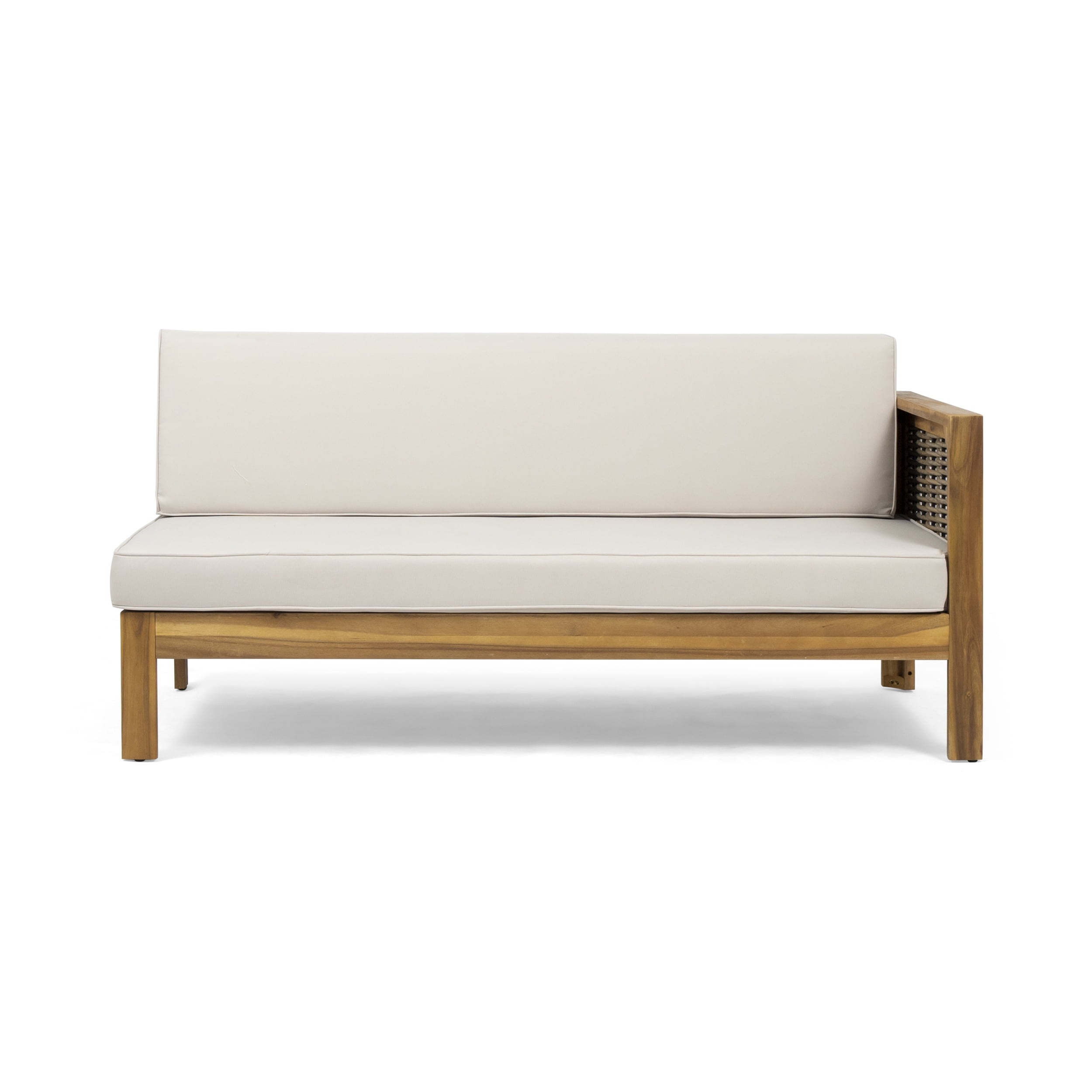 Cayson Outdoor 5 Seater Wood and Wicker Sectional Sofa Set, Teak, Beige