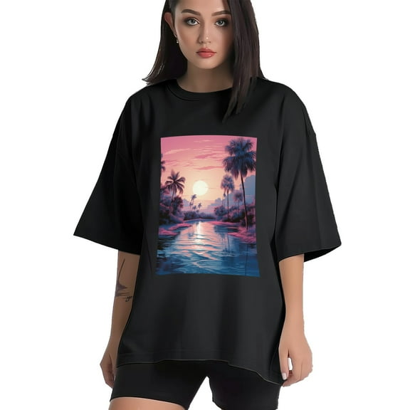 Plus Size Shirt for Women Black Tops for Women Short Sleeves Shirt for Women Vintage Landscape T Shirt Crewneck Shirt for Women XS