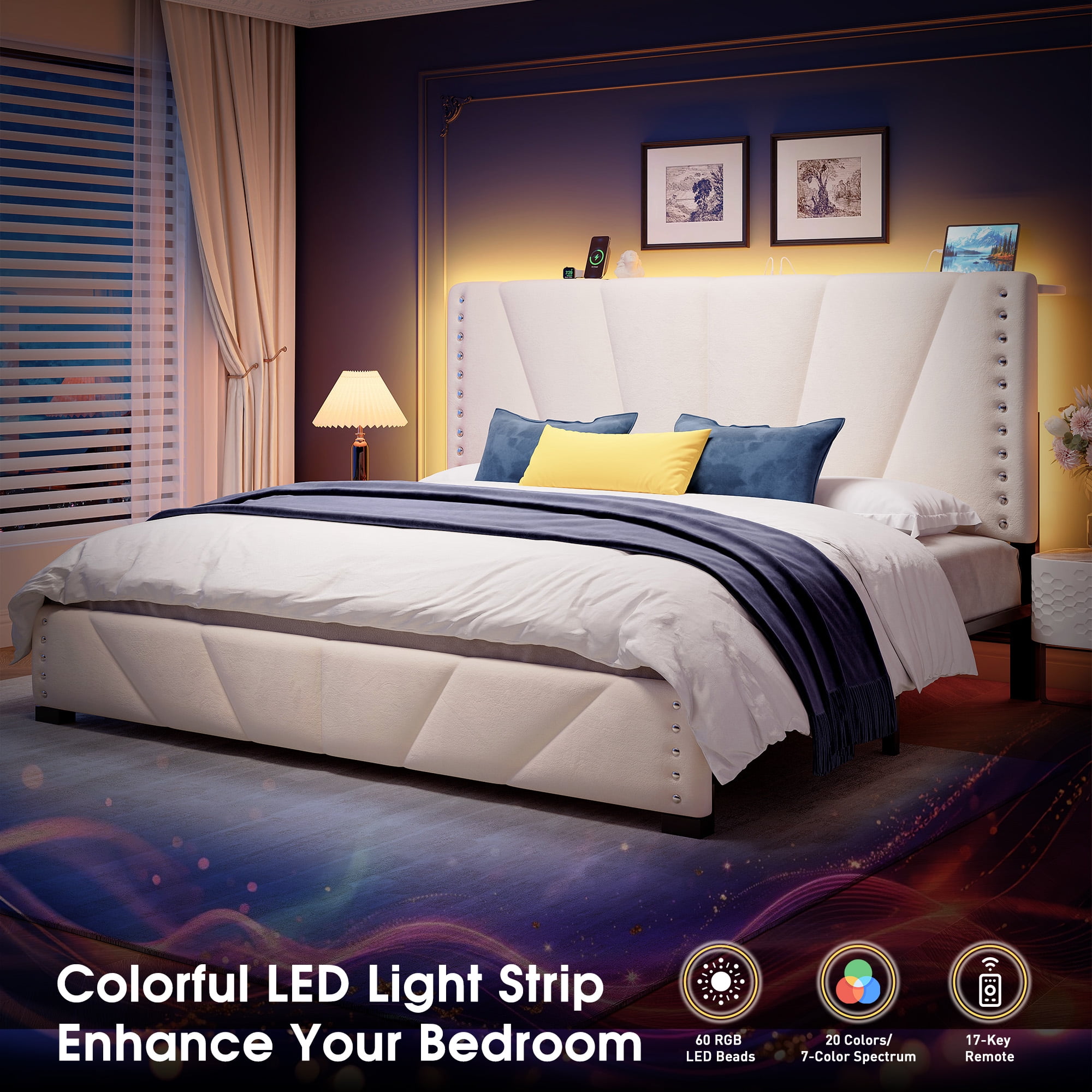 Upholstered Bed Frame with Headboard King Size Bed Frame with LED Lights & Storage,Beige