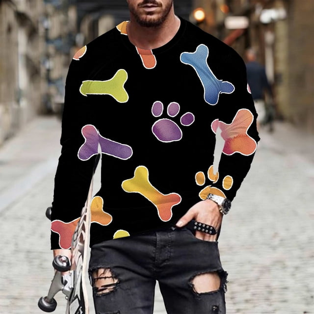 Ceisia Men's Colorful Glitter Paw Print T-Shirt | Slim Long-Sleeve Crewneck Casual Top Gift