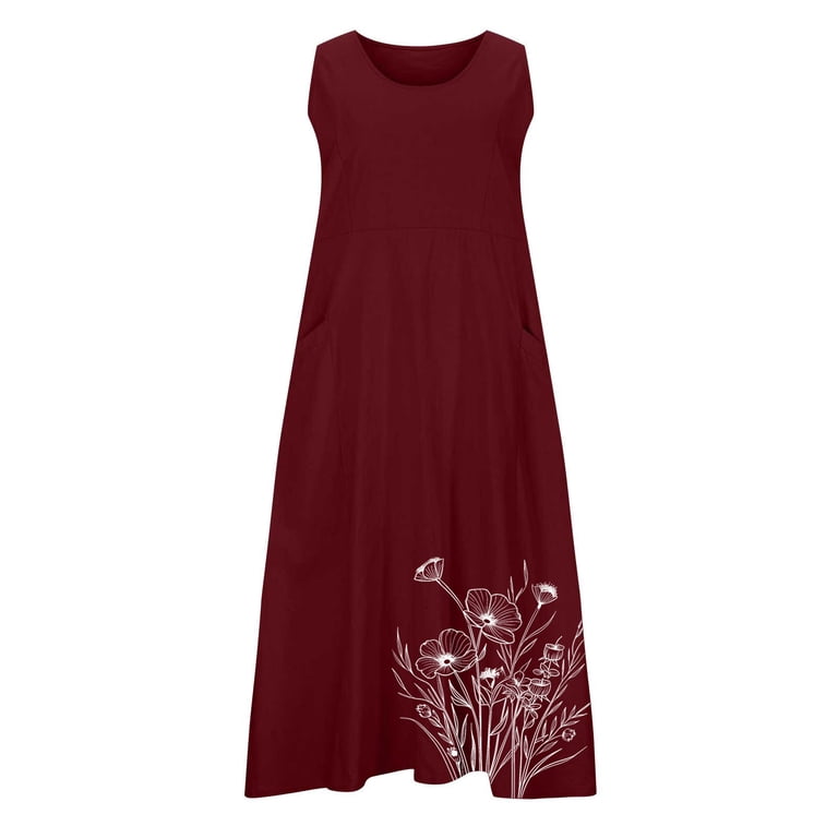Bltiby Summer Cotton Linen Dresses for Women Sleeveless Printed Crew Neck Loose Casual Maxi Dress with Pockets Red M, Women's, Size: Medium