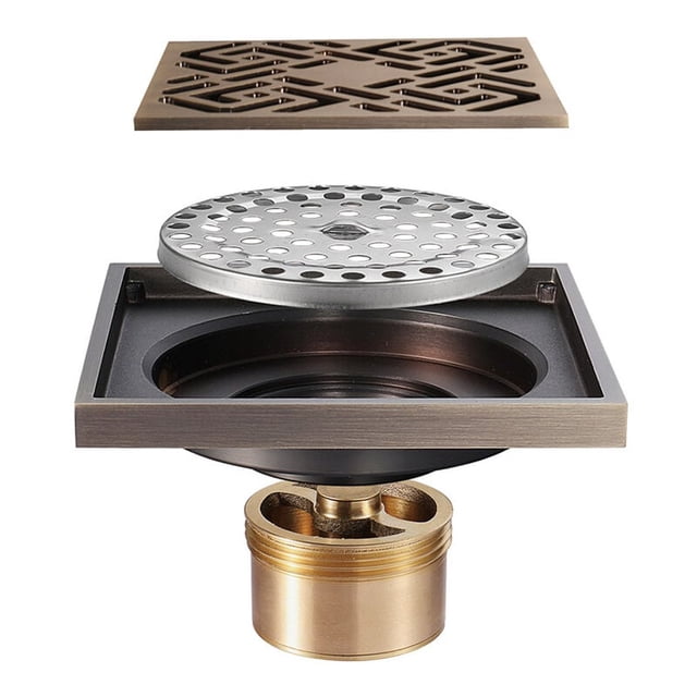 Sifón de ducha cuadrado de 4 pulgadas, desagüe de piso de latón cepillado con cubierta extraíble, sifón de ducha para baño, núcleo desodorante de latón
