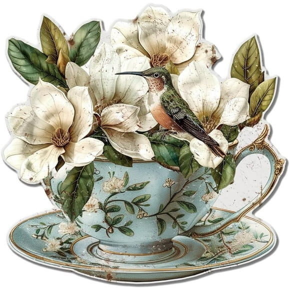 Hummingbird and Magnolia Flower Metal Tin Sign Flower Teacup Vintage Tin Sign Elegant Wall Decor for Florist Living Room Bedroom Cafeteria Bathroom Dining Hall Kitchen Restaurant Café